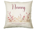 Nanny Gift Cushion - Personalised Scatter Cushion Pillow for Her Women - Pink Wild Flower Design Custom Name Gift for Nan Mothers Day BC003