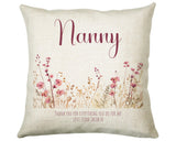 Nanny Gift Cushion - Personalised Scatter Cushion Pillow for Her Women - Pink Wild Flower Design Custom Name Gift for Nan Mothers Day BC003