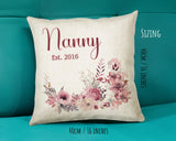 Nanny Gift Cushion - Personalised Scatter Cushion Pillow for Her Women Pink Flower Design Custom Name Granny Gift for Nan Mothers Day BC005