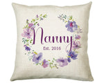 Nanny Gift Cushion - Personalised Scatter Cushion Pillow for Her Women - Purple Floral Wreath Custom Name Gift for Nan Mothers Day BC006