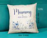 Mummy Gift Cushion - Personalised Scatter Cushion Pillow for Her Women - Blue Wild Flower Design with Custom Name for Mum Mothers Day BC002