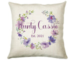 Aunty Gift Cushion - Personalised Scatter Cushion Pillow for Her Women - Purple Floral Wreath Custom Name Gift for Aunt Mothers Day BC006