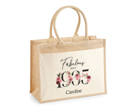 90th Birthday Gift For Women Personalised Jute Bag - Gift For Her Floral Tote Bag Gifts - Ninety 90 Fabulous Since 1935 Shopping Bag BNC90T