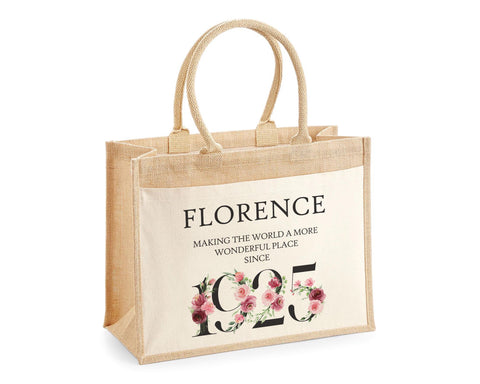 100th Birthday Gift For Women Personalised Jute Bag - Gift For Her Floral Tote Bag Gifts - Hundred Wonderful Since 1925 Shopping Bag BND100T