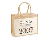 18th Birthday Gift For Women Personalised Jute Bag - Gift For Her Floral Tote Bag Gift Eighteen 18 Wonderful Since 2007 Shopping Bag BND18T