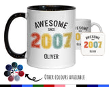 18th Birthday Gift for Men - Awesome Since 2007 Personalised Coffee Mug Coaster Age 18 Gift for Him - Retro Number Design Son Boys BNG18M