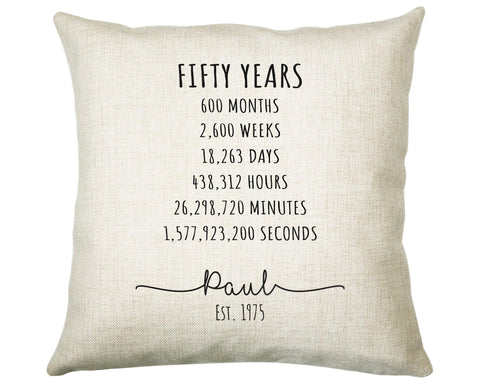 50th Birthday Gift for Men - Personalised Birthday Cushion Age 50 Gift for Him Mens Years Months Weeks Design Son Brother Fifty 1975 BNE40C