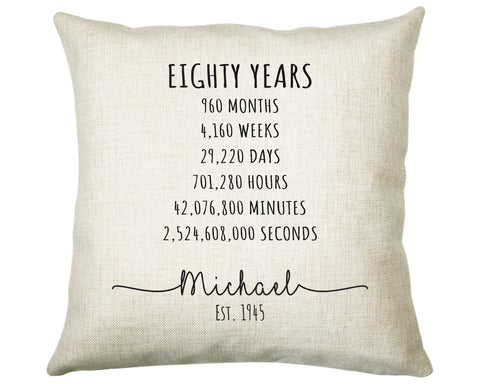 80th Birthday Gift for Men - Personalised Birthday Cushion Age 80 Gift for Him Mens Years Months Weeks Design Dad Grandad Eighty 1945 BNE80C