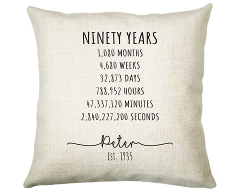 90th Birthday Gift for Men - Personalised Birthday Cushion Age 90 Gift for Him Mens Years Months Weeks Design Dad Grandad Ninety BNE90C