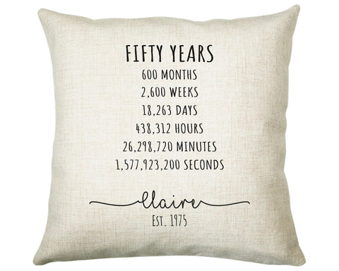 50th Birthday Gift for Women - Personalised Birthday Cushion Age 50 Gift for Her Ladies Years Months Weeks Design Mum Nan Fifty BNE50C