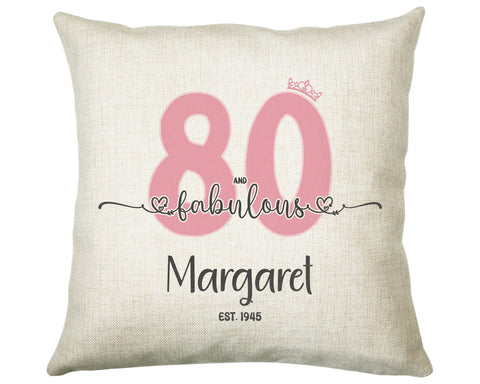 80th Birthday Gift for Women 80 and Fabulous Est 1945 Personalised Birthday Cushion Gift for Her Ladies Pink Design Mum Nanny Eighty BNH80C