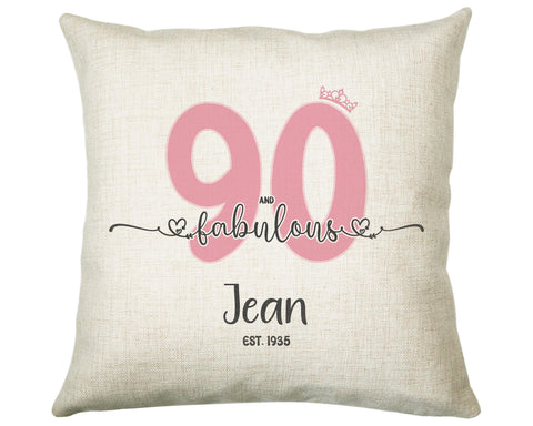 90th Birthday Gift for Women 90 and Fabulous Est 1935 Personalised Birthday Cushion Gift for Her Ladies Pink Design Mum Nanny Ninety BNH90C