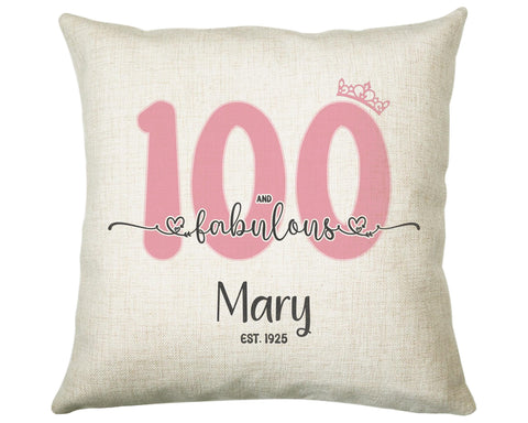 100th Birthday Gift for Women 100 and Fabulous Est 1925 Personalised Birthday Cushion Gift for Her Ladies Pink Design Nan Hundred BNH100C