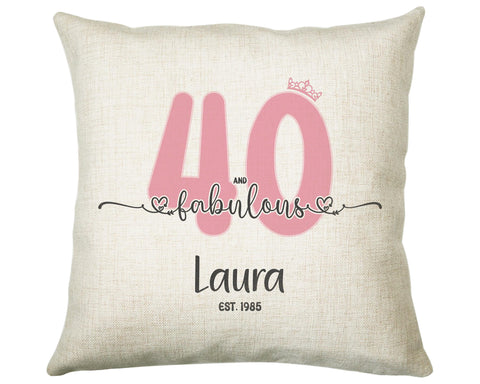 40th Birthday Gift for Women 40 and Fabulous Est 1985 Personalised Birthday Cushion Gift for Her Ladies Pink Design Mum Nanny Forty BNH40C