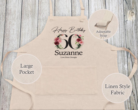 60th Birthday Gift for Women - Personalised Apron Happy Birthday Age 60 Gift for Her - Ladies Floral Design Mum Nan Gran Sixty BNA60AP