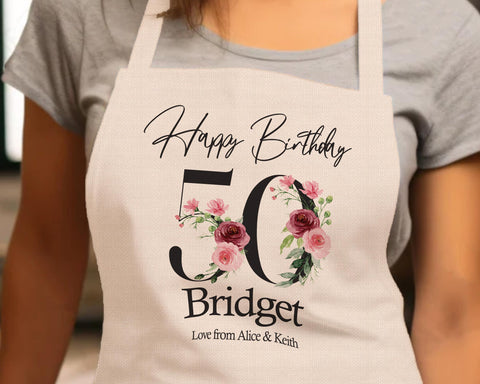 50th Birthday Gift for Women - Personalised Apron Happy Birthday Age 50 Gift for Her - Ladies Floral Design Mum Nan Gran Fifty BNA50AP