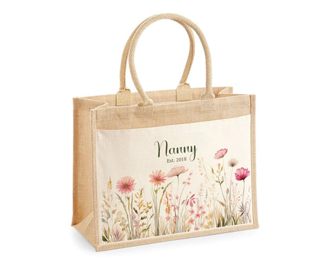 Nanny Gift Personalised Jute Bag - Floral Tote Bag Gift for Grandma Nan - Custom Shopping Market Bag - Nanny Bag for Nans Birthday BT001