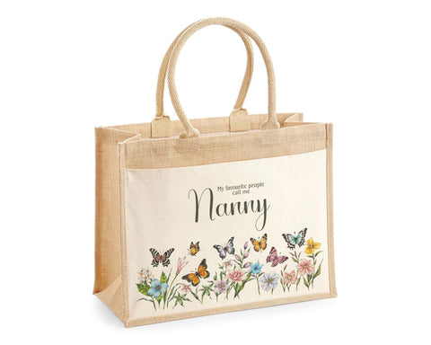 Nanny Gift Personalised Jute Bag - Floral Tote Bag Gift for Grandma Nan - Custom Shopping Market Bag - Nanny Bag for Nans Birthday BT007