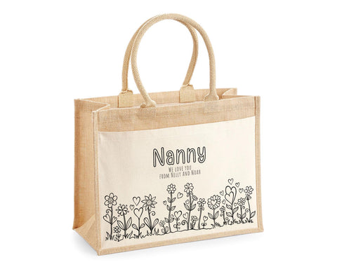 Nanny Gift Personalised Jute Bag - Floral Tote Bag Gift for Grandma Nan - Custom Shopping Market Bag - Nanny Bag for Nans Birthday BT008