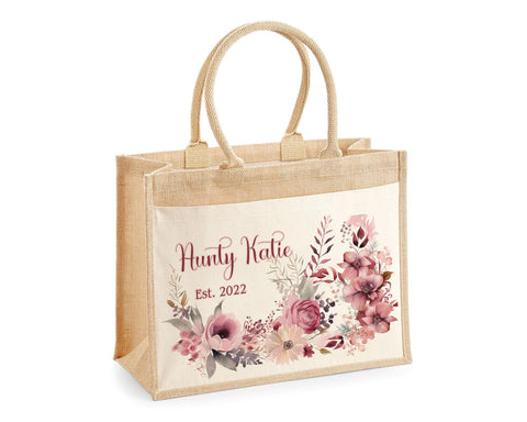 Aunty Gift Personalised Jute Bag - Auntie Birthday Gift Floral Tote Bag Gift for Her Family Friend - Custom Shopping Market Tote Bag BT005