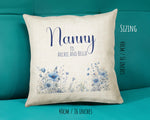 Nanny Gift Cushion - Personalised Scatter Cushion Pillow for Her Women - Blue Wild Flower Design with Custom Name for Nan Mothers Day BC002