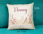 Nanny Gift Cushion - Personalised Scatter Cushion Pillow for Her Women - Pink Wild Flower Design Custom Name Gift for Nan Mothers Day BC003