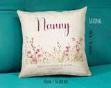 Nanny Gift Cushion - Personalised Scatter Cushion Pillow for Her Women - Pink Wild Flower Design Custom Name Gift for Nan Mothers Day BC003