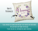 Nanny Gift Cushion - Personalised Scatter Cushion Pillow for Her Women - Purple Floral Wreath Custom Name Gift for Nan Mothers Day BC006