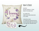 Nanny Gift Cushion - Personalised Scatter Cushion Pillow for Her Women - Purple Floral Wreath Custom Name Gift for Nan Mothers Day BC006