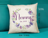 Nanny Gift Cushion - Personalised Scatter Cushion Pillow for Her Women - Purple Floral Wreath Custom Name Gift for Nan Mothers Day BC006