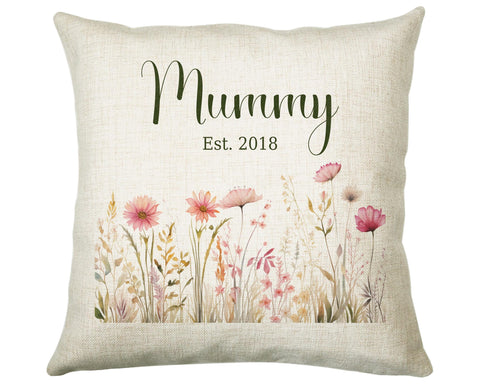 Mummy Gift Cushion - Personalised Scatter Cushion Pillow for Her Women - Wild Flower Design with Custom Name Gift for Mum Mothers Day BC001