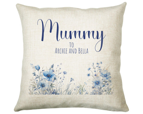 Mummy Gift Cushion - Personalised Scatter Cushion Pillow for Her Women - Blue Wild Flower Design with Custom Name for Mum Mothers Day BC002