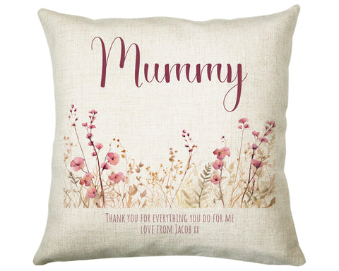 Mummy Gift Cushion - Personalised Scatter Cushion Pillow for Her Women - Pink Wild Flower Design Custom Name Gift for Mum Mothers Day BC003