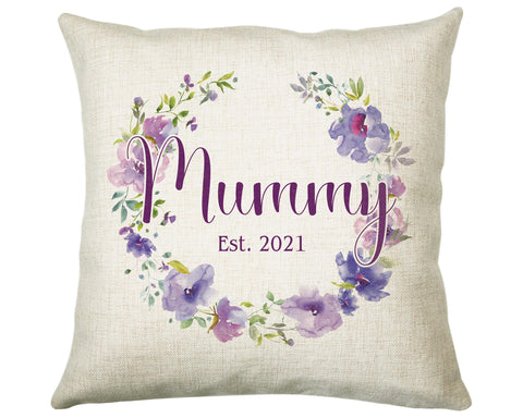 Mummy Gift Cushion - Personalised Scatter Cushion Pillow for Her Women - Purple Floral Wreath Custom Name Gift for Mum Mothers Day BC006