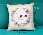 Mummy Gift Cushion - Personalised Scatter Cushion Pillow for Her Women - Purple Floral Wreath Custom Name Gift for Mum Mothers Day BC006