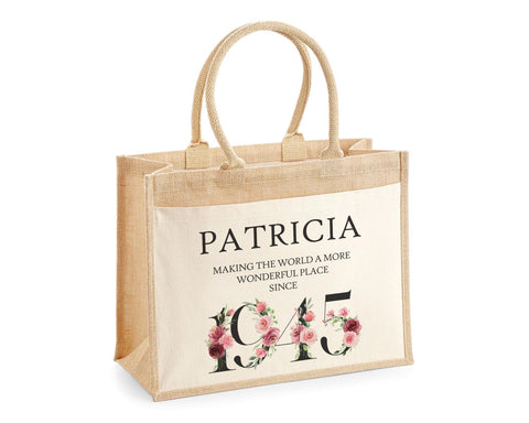 80th Birthday Gift For Women Personalised Jute Bag - Gift For Her Floral Tote Bag Gifts - Eighty 80 Wonderful Since 1945 Shopping Bag BND80T