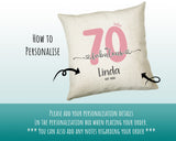 70th Birthday Gift for Women 70 and Fabulous Est 1955 Personalised Birthday Cushion Gift for Her Ladies Pink Design Mum Nanny Seventy BNH70C