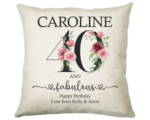 40th Birthday Gift for Women - Personalised 40 and Fabulous Birthday Cushion Age 40 Gift for Her Ladies Floral Age Mum Daughter Forty BNK40C