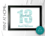 Personalised PRINTABLE 13th Birthday Gifts Word Art Wall Print - For Girls Gifts Wall Decor Custom Word Cloud Digital Download DDSC0218