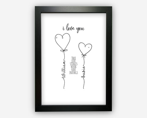 Personalised Heart Balloon Couples Gift For Him Or Her Line Art Drawing Love Anniversary Gift Wall Room Decor Prints ST099